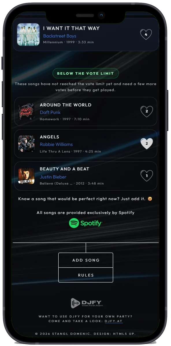 App DJfy: aggiungere una canzone alla lista