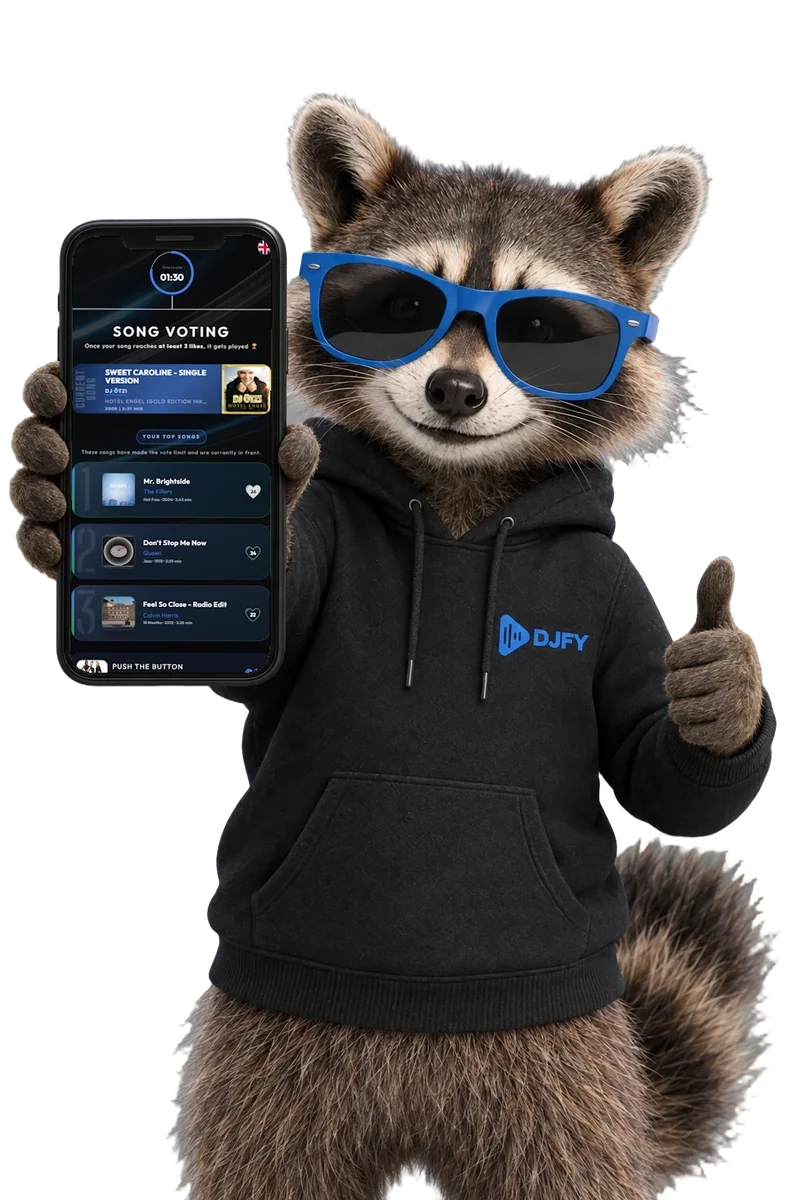 Wolfgang, il procione di DJfy, mostra il telefono con la lista dei desideri DJfy